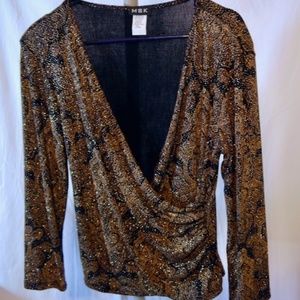 MSK Black/Gold V Neck Stretchy Knit Top Sparkles! 3/4 Sleeves Size Large